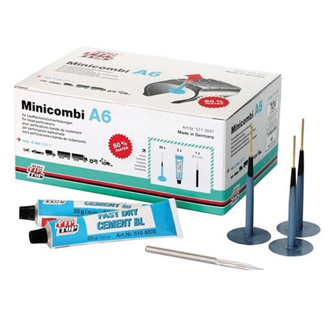 Kit Réparation Pneu Atelier - Champignon - 20 Minicombi A6 + 1 Fraise Ø6mm + 2 Tubes de Colle 25g