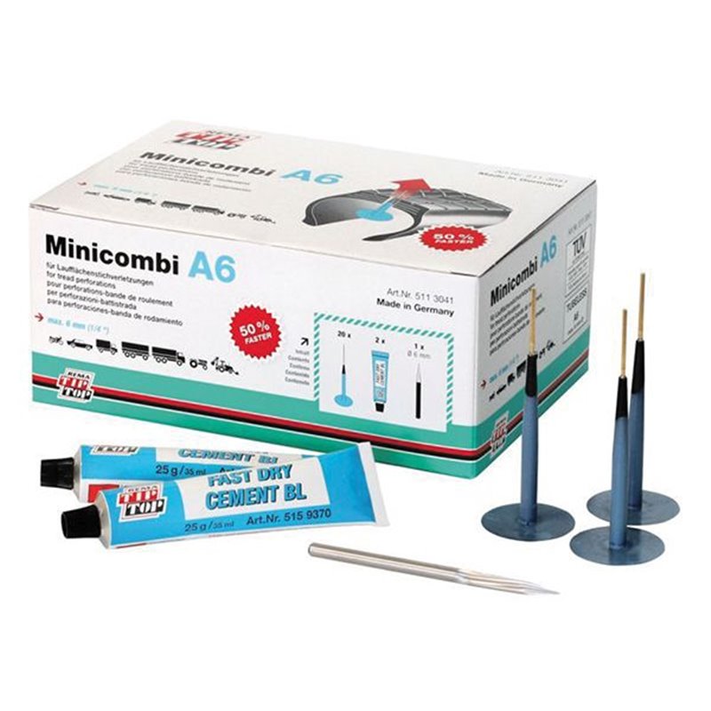 Kit Réparation Pneu Atelier - Champignon - 20 Minicombi A6 + 1 Fraise Ø6mm + 2 Tubes de Colle 25g