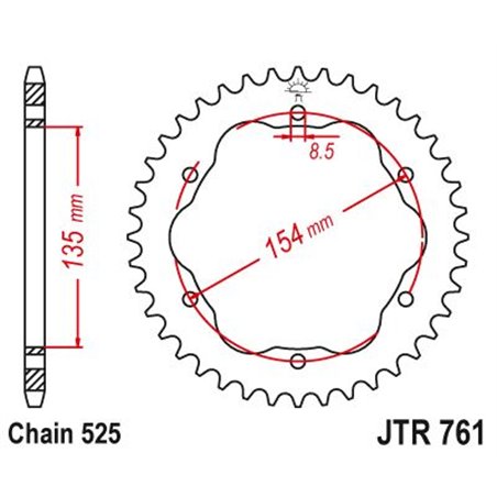 Couronne Ducati 1098 R/S 2007 - 6 Trous SANS Porte Moyeu - 525 - 39 Dents - Similaire JTR761