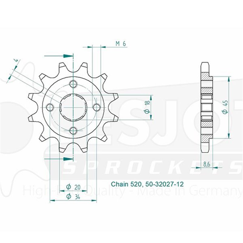 Pignon Barossa-SMC - 520 - 12 Dents - Made in Germany