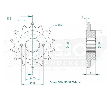 Pignon Ducati - 520 - 14 Dents - Similaire JTF736 - Made in Germany