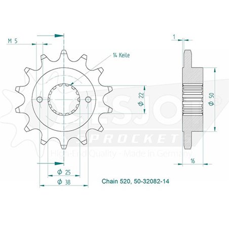 Pignon Ducati - 520 - 14 Dents - Similaire JTF736 - Made in Germany