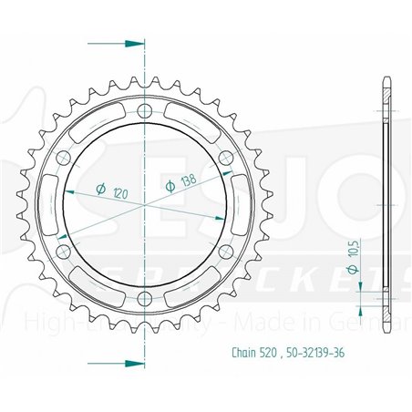 Couronne Acier - 520 - 36 Dents - Made in Germany