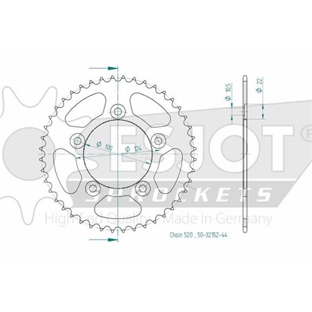 Couronne Acier - 520 - 44 Dents - Made in Germany