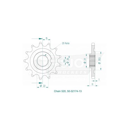 Pignon TT Sherco 20 Cannelures - 520 - 13 Dents - Made in Germany