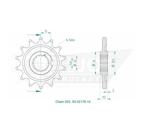 Pignon TT Sherco - 520 - 14 Dents - Made in Germany