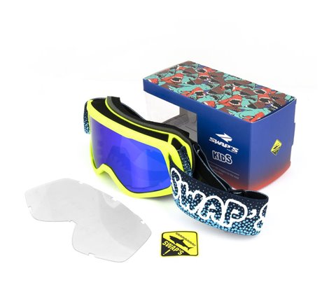 Masque Cross BUBBLE KID  JAUNE FLUO  Bandeau BLEU  Ecran Iridium Bleu